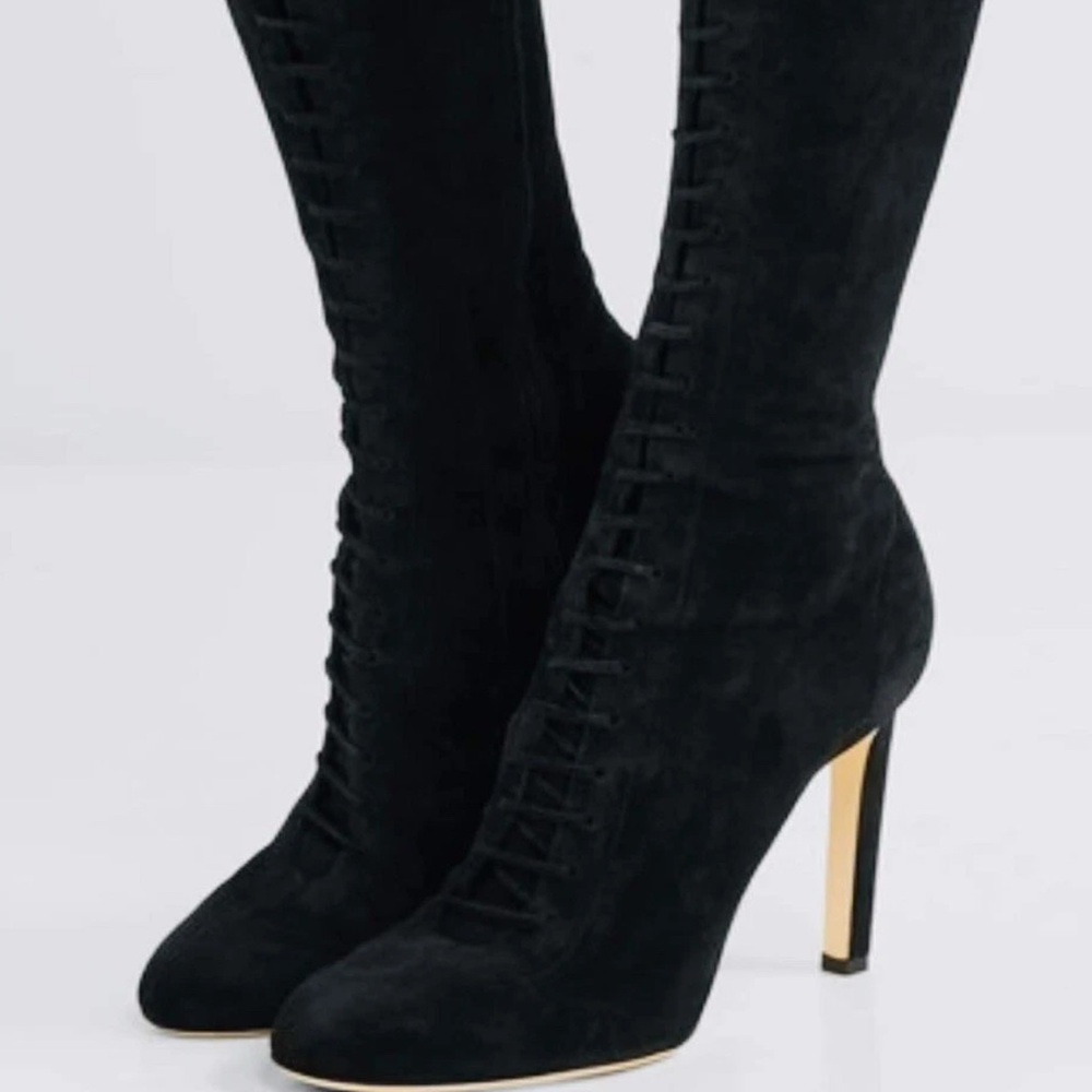 Jimmy Choo Desire Cashmere Suede Black Lace-Up Heeled Boots Sz 36